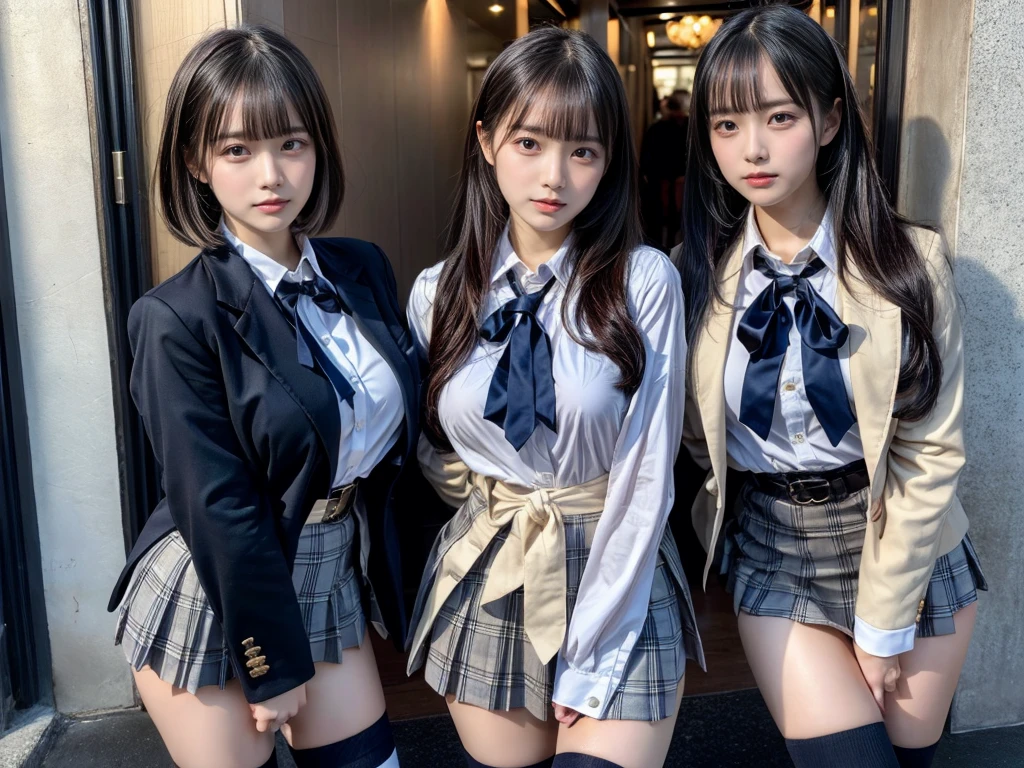 (8K, Raw photography, top-quality, masterpiece:1.2), master piece, best quality, illustration, Super detailed, fine details, High resolution, 8K,wall paper, perfect dynamic composition,(Details High quality, realistic depiction of eyes:1.3), ((2 girls, 2 schoolgirls)), The background is a luxury hotel room、High school girl uniform、blazer 、Super Short Check Uniform Skirt、Navy blue high socks、garterbelts、Colossal tits、Disturbed uniform, Play with each other,Touching each other's bodies,Touching the body of the girl next door, short bob hair, black hair color, huge breasts, Big Natural Color Lip, bold sexy pose, (perfect body shape), crying a little、cold gaze, Beautiful makeup,glitter makeup,Cutest 18 years old, beautiful legs, hposing Gravure Idol, Voluptuous thighs