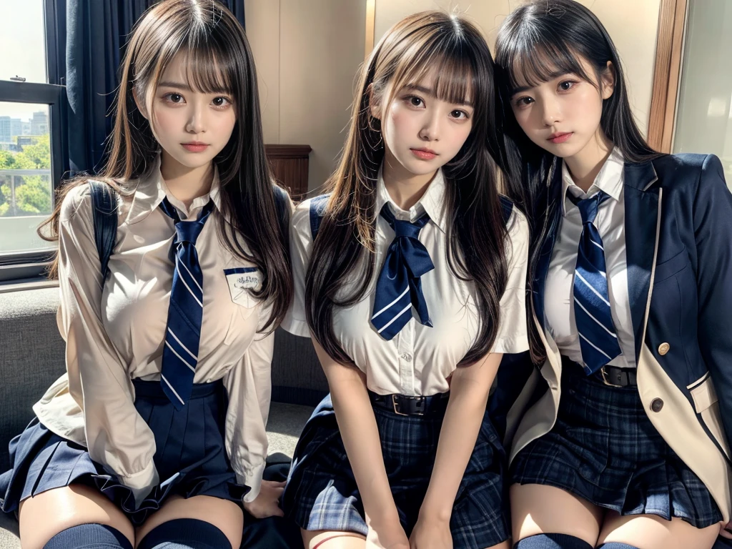 (8K, Raw photography, top-quality, ​masterpiece:1.2), master piece, best quality, illustration, Super detailed, fine details, High resolution, 8K,wall paper, perfect dynamic composition,(Details High quality, realistic depiction of eyes:1.3), ((2 girls, 2 schoolgirls)), The background is a luxury hotel room、High school girl uniform、blazer 、Super Short Check Uniform Skirt、Navy blue high socks、garterbelts、Colossal tits、Disturbed uniform, Play with each other,Touching each other's bodies,Touching the body of the girl next door, short bob hair, black hair color, huge breasts, Big Natural Color Lip, bold sexy pose, (perfect body shape), crying a little、cold gaze,  Beautiful makeup,glitter makeup,Cutest 18 years old, beautiful legs, hposing Gravure Idol, Voluptuous thighs