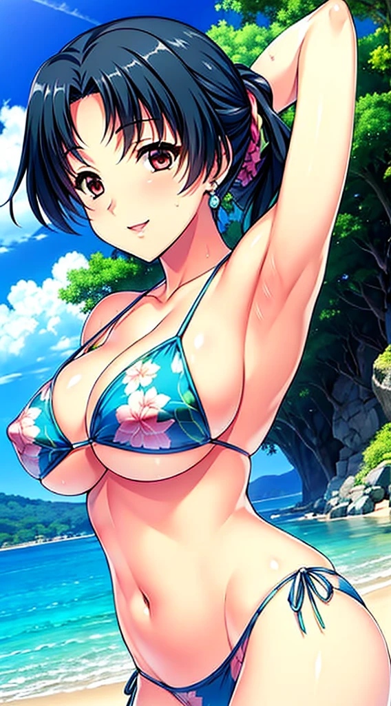 Miyuri Natsuki | Wife Eater 3 Tsumamigui 3, masterpiece, best quality, a beautiful sexy mature woman in a micro bikini arms up posing against a beach background, 1girl, swimsuit, tropical printed bikini, solo, breasts, cleavage, under-boobs, armpit, jewelry, earrings, navel, large breasts, smile,