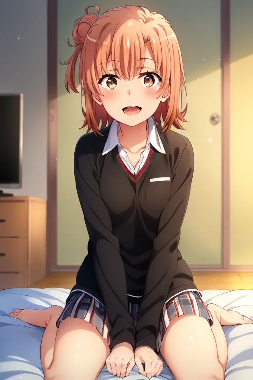 ((highest quality)), ((masterpiece)), (be familiar with), Perfect Face, indoor, Bedroom, Watching the audience,
One woman, Yuigahama Yui,
Open Mouth, Ecstatic expression, blush, smile,
Small breasts, Flat Chest, Young Girl, , , Girl,
Short Hair, Salmon-colored hair, Salmon-colored eyes, Side Pony,
Leg spread,