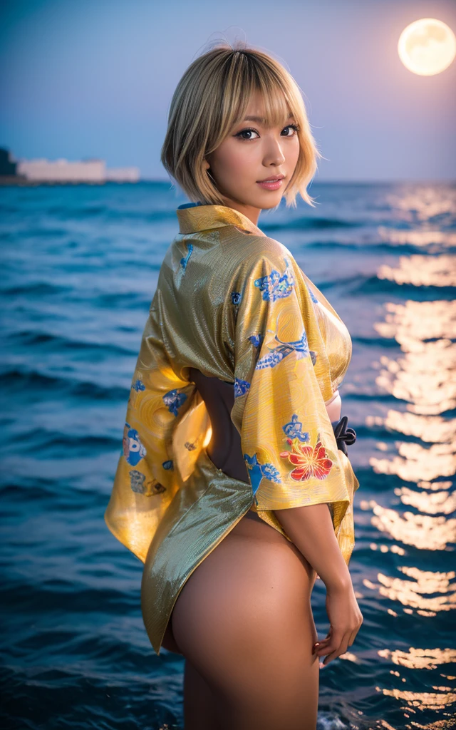 standing in the night sea, ass, gyaru, dark-skinned, (shiny oiled skin:1.2), Sony α7, 35mm Lens, f1.8, film grain, soft lighting, wearing vivid
printed kimono, blond hair, shoort cut hair, moon light
