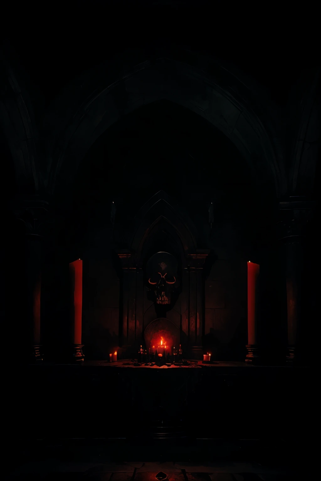 a dark and ominous altar with a skull dripping blood, gloomy atmosphere, dark fantasy, occult, horror, cinematic lighting, moody colors, dramatic shadows, highly detailed, intricate design, Renaissance style, gothic architecture, masterpiece