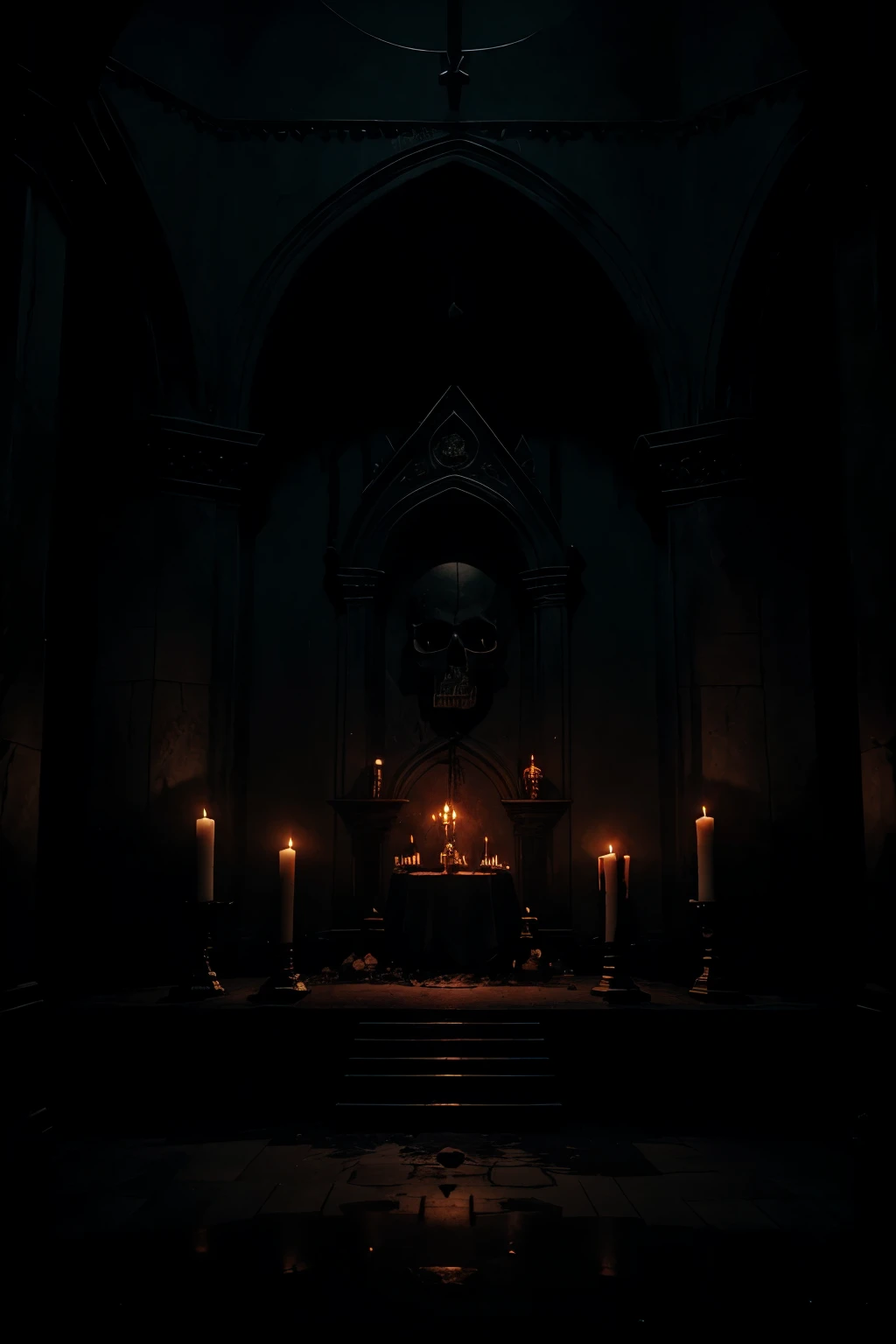 a dark and ominous altar with a skull dripping blood, gloomy atmosphere, dark fantasy, occult, horror, cinematic lighting, moody colors, dramatic shadows, highly detailed, intricate design, Renaissance style, gothic architecture, masterpiece