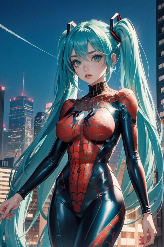 (Beautiful woman detailed defined body using spider man cosplay),((Hatsune Miku)),Bodysuits,Rooftop,Night in the big city,Big body,((Highest quality)),Shiny Costumes、Big Breasts、Nipples、Torn Suit((Covered in scars))