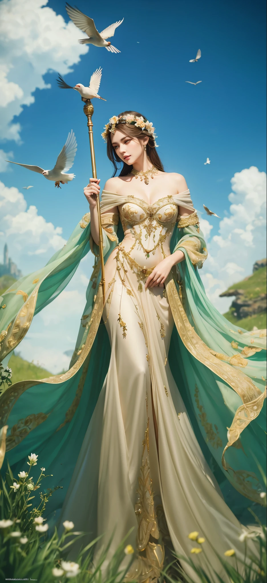 a woman in a dress holding a bird and a bird on a stick, detailed full body concept art, character full body portrait, highly detailed exquisite fanart, epic exquisite character art, full body concept art, the non-binary deity of spring, beautiful detailed eyes, beautiful detailed lips, extremely detailed eyes and face, long eyelashes, intricate dress, ornate jewelry, flowing hair, detailed feathers, warm lighting, soft color palette, cinematic composition, photorealistic, 8k, best quality, masterpiece
