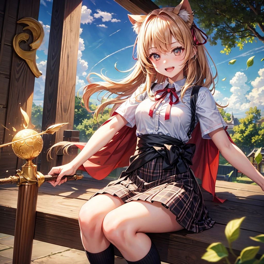 Pink gold golden hair、Golden Eyes、One good looking girl、solo、anime、Checkered mini skirt、Ruffles on the skirt、Red T-shirt、Cape、Gothic、Black knee-high socks、Wearing a ribbon、Ribbon on waist、Tilting face、Teeth are visible、Sunset sky、Piercing the clouds、Contrail、lens、tree、Touching your face、lotus leaves、Cumulonimbus、Pillar of Light、Magic wand