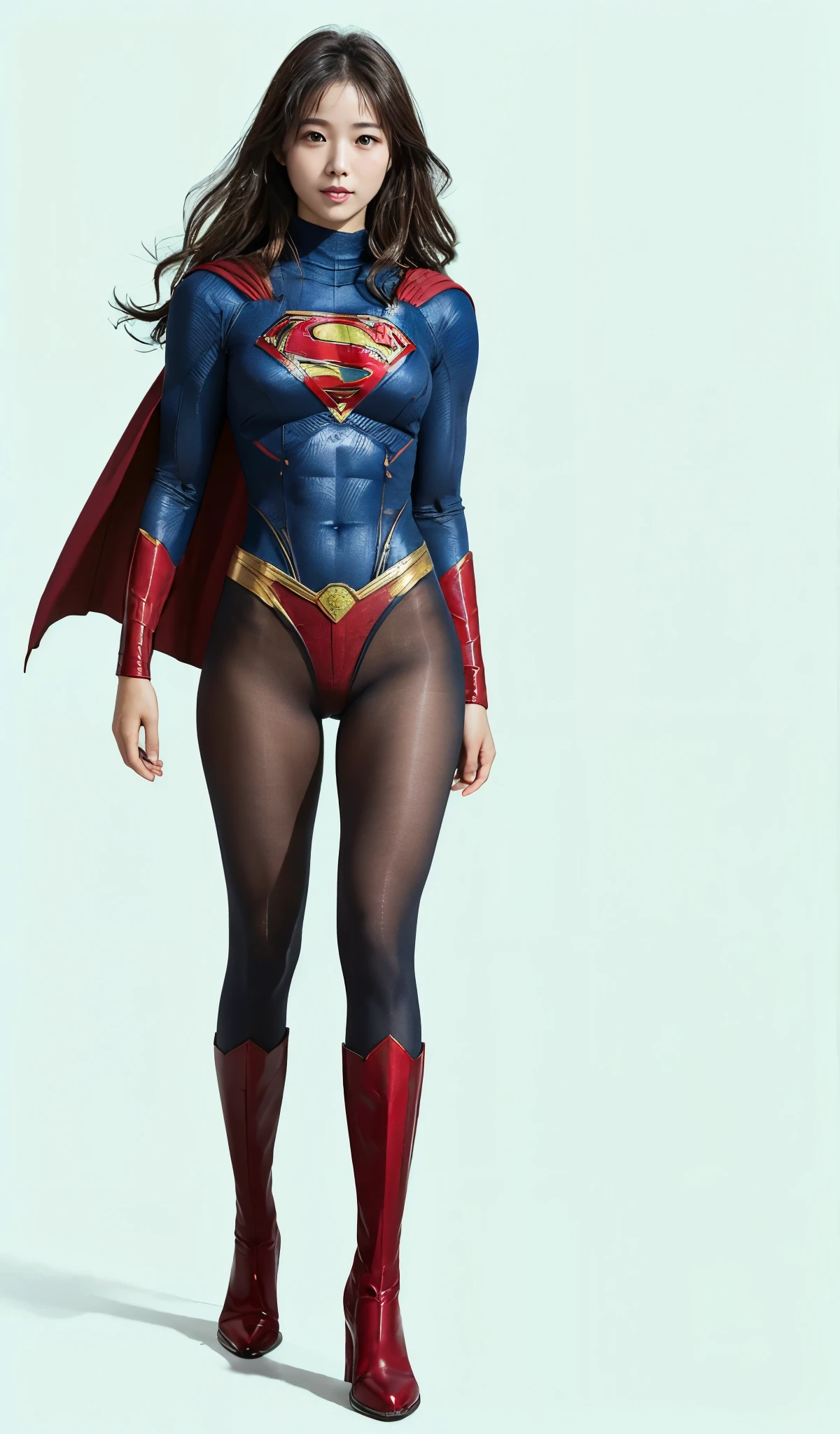 No background、(((Beautiful legs in black tights.)))、(((Legally express the beauty of your smile)))、((((Make the most of your original images)))、(((Supergirl Costume)))、(((Beautiful Hair)))、(((suffering)))、(((Please wear black tights....、Wear red boots)))、((Best image quality、8k))、((highest quality、8k、masterpiece:1.3))、(((Preserve background )))、Sharp focus:1.2、Beautiful woman with perfect figure:1.4、Slim Abs:1.2、Wet body:1.5、Highly detailed face and skin texture、8k