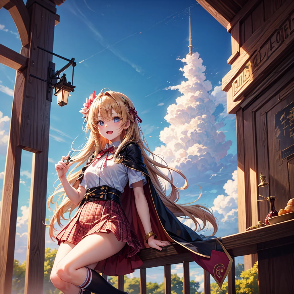 Pink gold golden hair、Golden Eyes、One good looking girl、solo、anime、Checkered mini skirt、Ruffles on the skirt、Red T-shirt、Cape、Gothic、Black knee-high socks、Wearing a ribbon、Ribbon on waist、Tilting face、Teeth are visible、Sunset sky、Piercing the clouds、Contrail、lens、tree、Touching your face、lotus leaves、Cumulonimbus、Pillar of Light、Magic wand