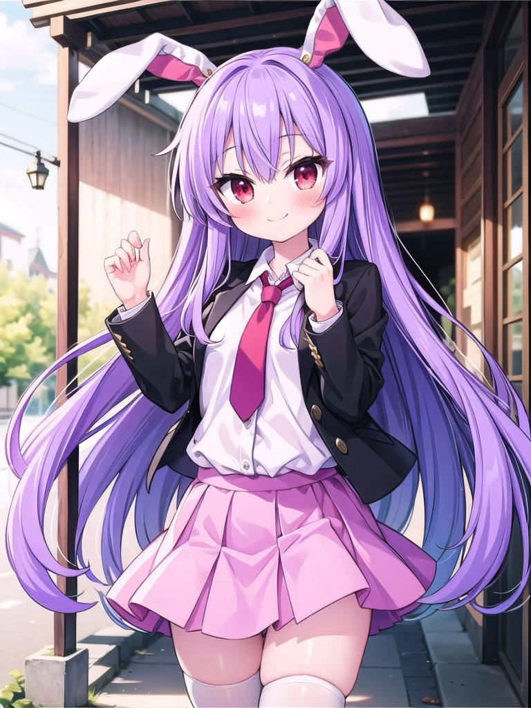 1girl, masterpiece, best quality, perfect hands, reisen udongein inaba, purple hair, very long hair, rabbit ears, red eyes, black jacket, red necktie, white shirt, pink skirt, white thighhighs, blush, smile