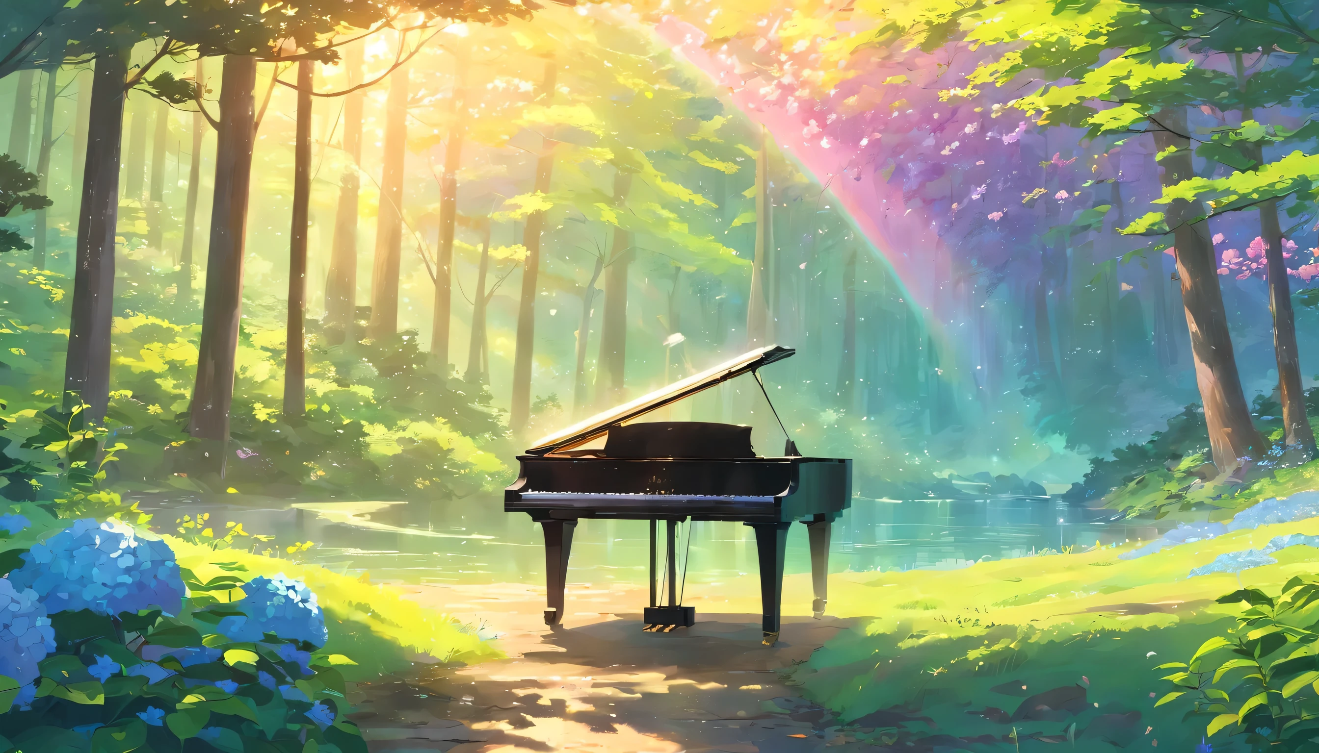 A piano in the middle of the woods near a river、In the forest after rain、Hydrangeas are in full bloom、There is a rainbow in the sky