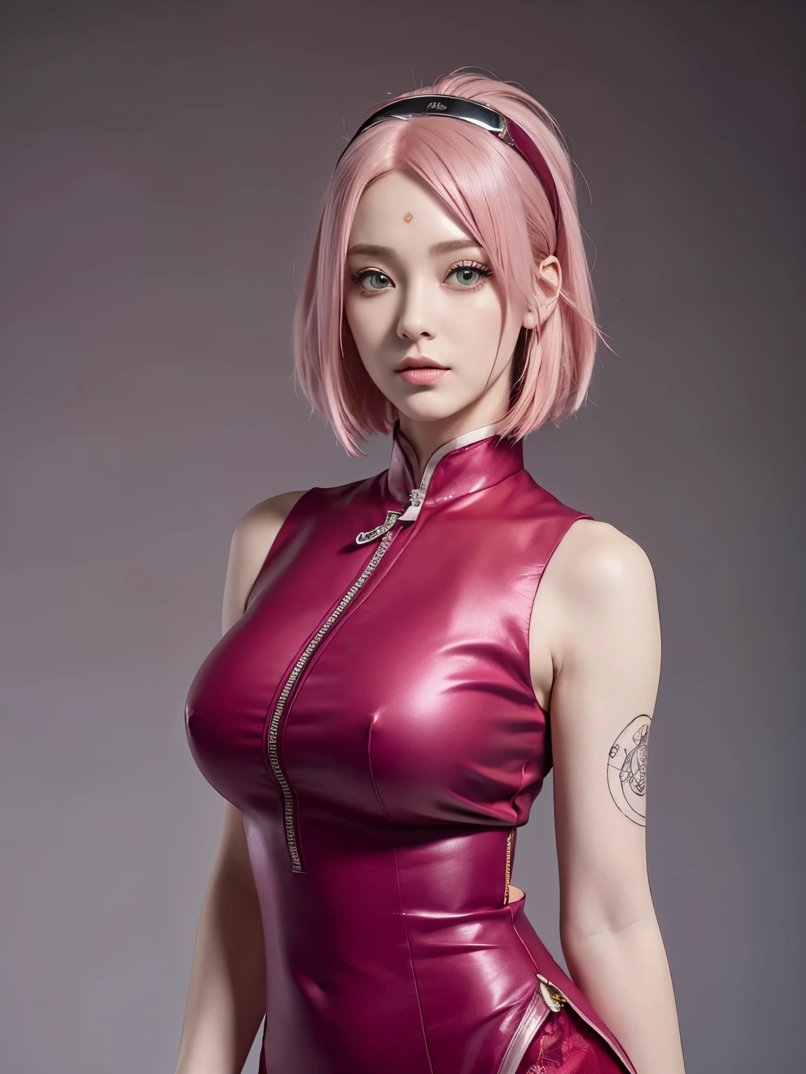 (((masterpiece+highest quality+High resolution+Very detailed))), Sakura Haruno, solo, (([woman]: 1.3 + [beauty]: 1.3+ pink hair: 1.5)), pink eyes, Bright Eyes, Dynamic angles and postures, wallpaper, ((natural big breasts:1.2)), Sakura Haruno outfit, (Ultra Realistic:1.5), (Photo Realistic:1.5), (UHD:1.5), red qipao dress(sleeveless ) with slits along the sides accompanied by a zipper and white circular designs, crystal tattoo at the forehead, slim body shape, NSFW, lace
