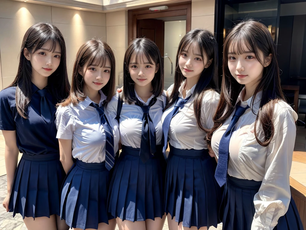 (8K, Raw photography, top-quality, masterpiece:1.2), ((3 beatiful girls))、.(Realistic Skins 1.4)、(((female high-school student、School Uniforms、)))、{{(The background is a luxury hotel room}}((School Uniforms、white Cutter shirt、darkblue pleatedskirt))、((long hair))、((One has short hair)),(A dark-haired、The forehead is hidden by bangs、)、Black eyes、shinny skin.Beautiful delicate face、Beautiful delicate eyes、{Voluptuous body shape、Thicker thighs}、One piercing in each ear,((large breasts)), ((navy blue tie)) ,looking at camera, ((close up))