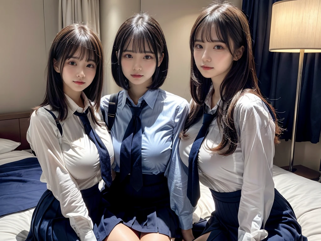 (8K, Raw photography, top-quality, masterpiece:1.2), ((3 beatiful girls))、.(Realistic Skins 1.4)、(((female high-school student、School Uniforms、)))、{{(The background is a luxury hotel room}}((School Uniforms、white Cutter shirt、darkblue pleatedskirt))、((long hair))、((One has short hair)),(A dark-haired、The forehead is hidden by bangs、)、Black eyes、shinny skin.Beautiful delicate face、Beautiful delicate eyes、{Voluptuous body shape、Thicker thighs}、One piercing in each ear,((large breasts)), ((navy blue tie)) ,looking at camera, ((close up))