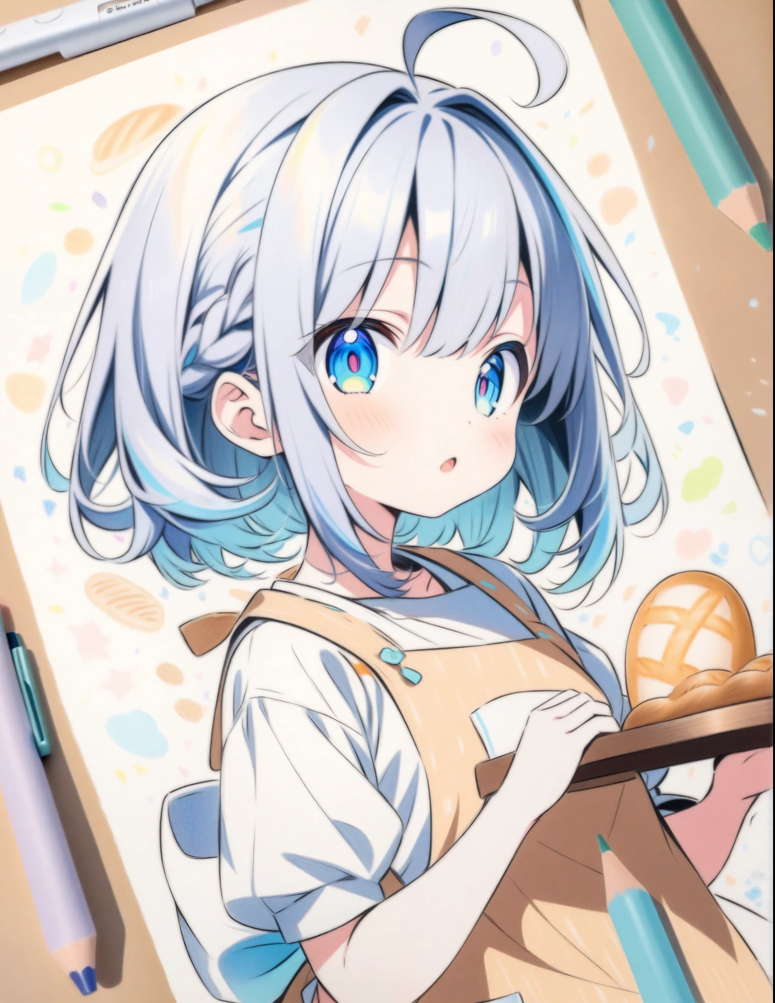((style:colored pencil,Pale colors)),(anime)、(masterpiece:1.2),bakery、Girl making bread、cute、apron、Bedhead、Ahoge、cute