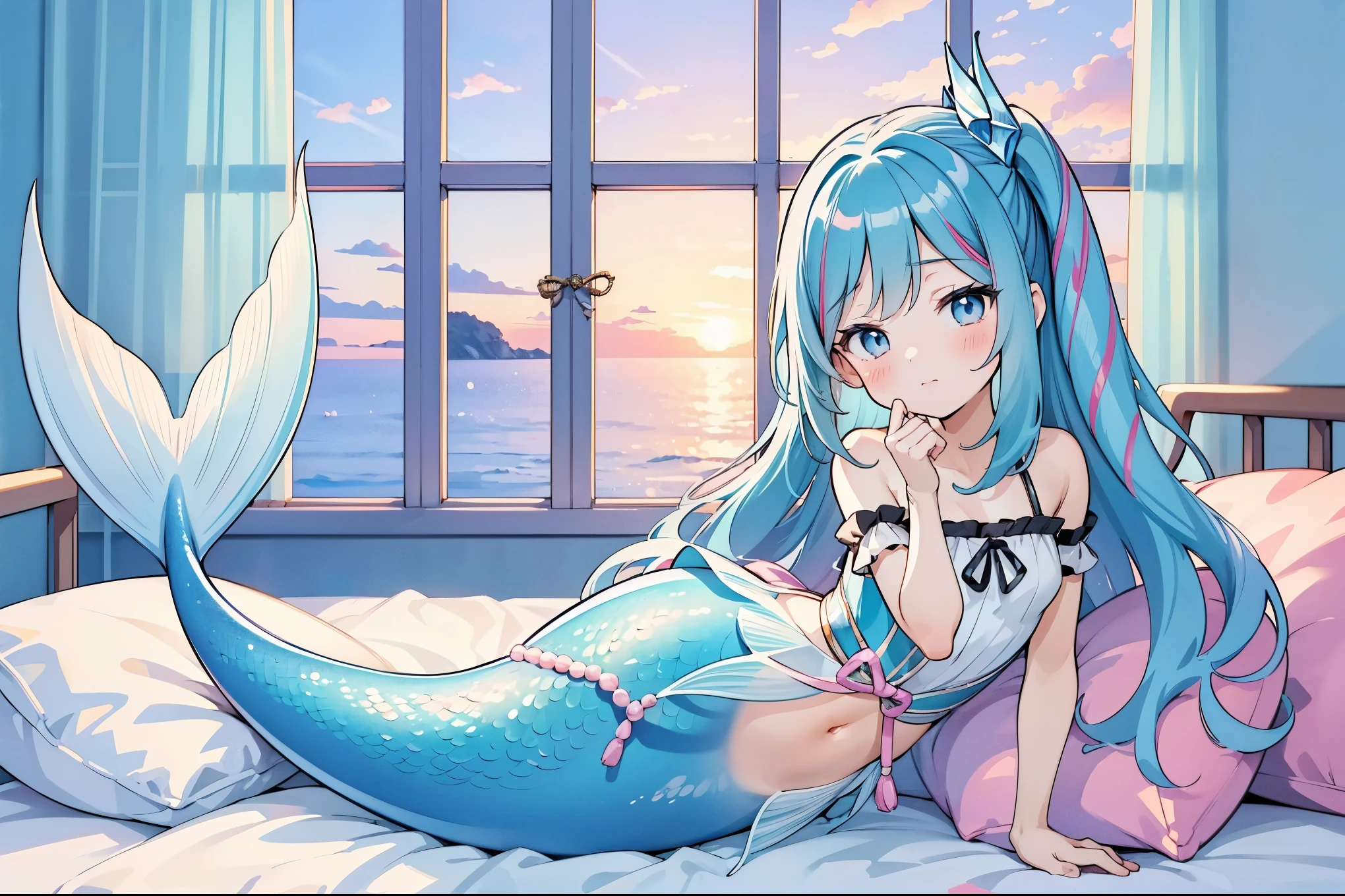 masterpiece, best quality,Mermaid,A girl,Solitary,蓝色的Mermaid尾巴,charming脸, Oval face(Kawaii, charming,Soft),full-body shot,Lying in bed,bedroom,Sea view from the window,