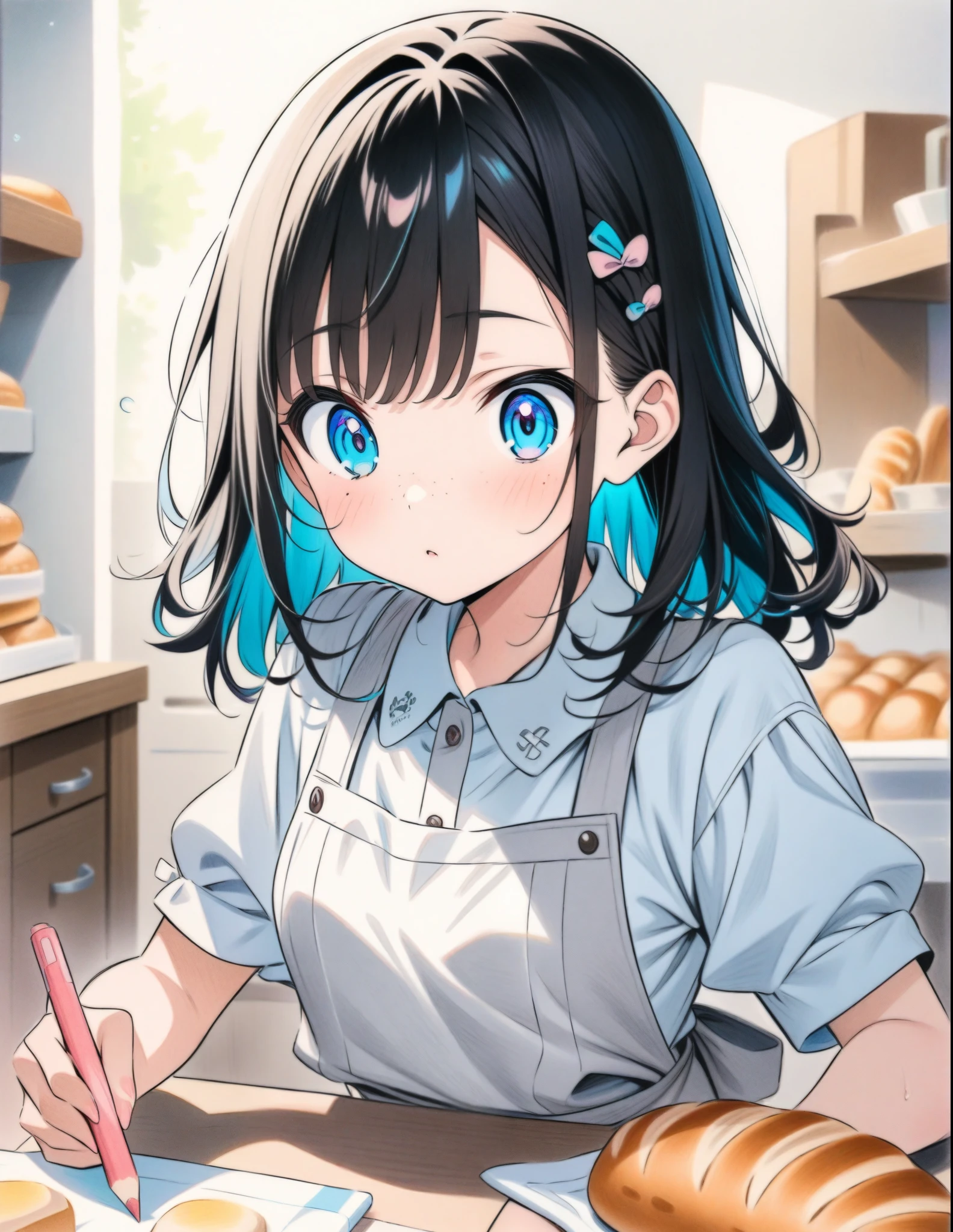 ((style:colored pencil,Pale colors)),(anime)、(masterpiece:1.2),bakery、Girl making bread、cute、apron、Bedhead、cute、freckles