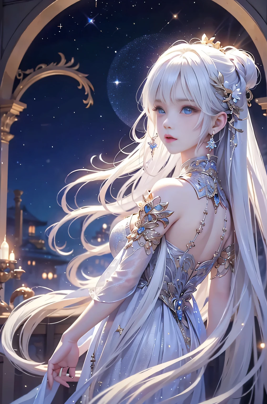 Night view,star,(White Haired Girl:1.5),((masterpiece))、(detailed)、(Backlight)(A fantastic atmosphere、Ancient capital、Amazing beauty images,((1girl))、white dust、It looks like they're dancing、Suspended particles), (Black Dress:1.4、Long dress with sleeves、Exposing shoulders、Off the shoulder)、(Gray hair that changes with light、length, Lustrous white hair、WHITE hair fluttering in the wind)、(Beautiful white and shining skin、Cheek gloss highlighter、Sexy and very beautiful and adorable face、The most beautiful face in the world、big, Sparkling blue eyes)、(Cute 25 year old girl、small beautiful breasts、Great cleavage、Delicate shoulders、Perfect figure)(Close-up image:1.2)