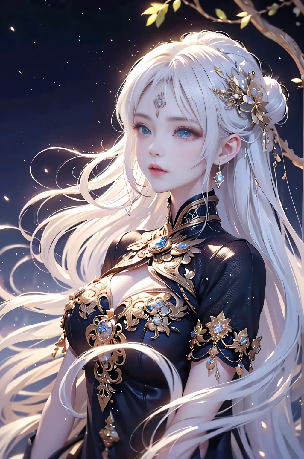 Night view,star,(White Haired Girl:1.5),((masterpiece))、(detailed)、(Backlight)(A fantastic atmosphere、Ancient capital、Amazing beauty images,((1girl))、white dust、It looks like they're dancing、Suspended particles), (Black Dress:1.4、Long dress with sleeves、Exposing shoulders、Off the shoulder)、(Gray hair that changes with light、length, Lustrous white hair、WHITE hair fluttering in the wind)、(Beautiful white and shining skin、Cheek gloss highlighter、Sexy and very beautiful and adorable face、The most beautiful face in the world、big, Sparkling blue eyes)、(Cute 25 year old girl、small beautiful breasts、Great cleavage、Delicate shoulders、Perfect figure)(Close-up image:1.2)