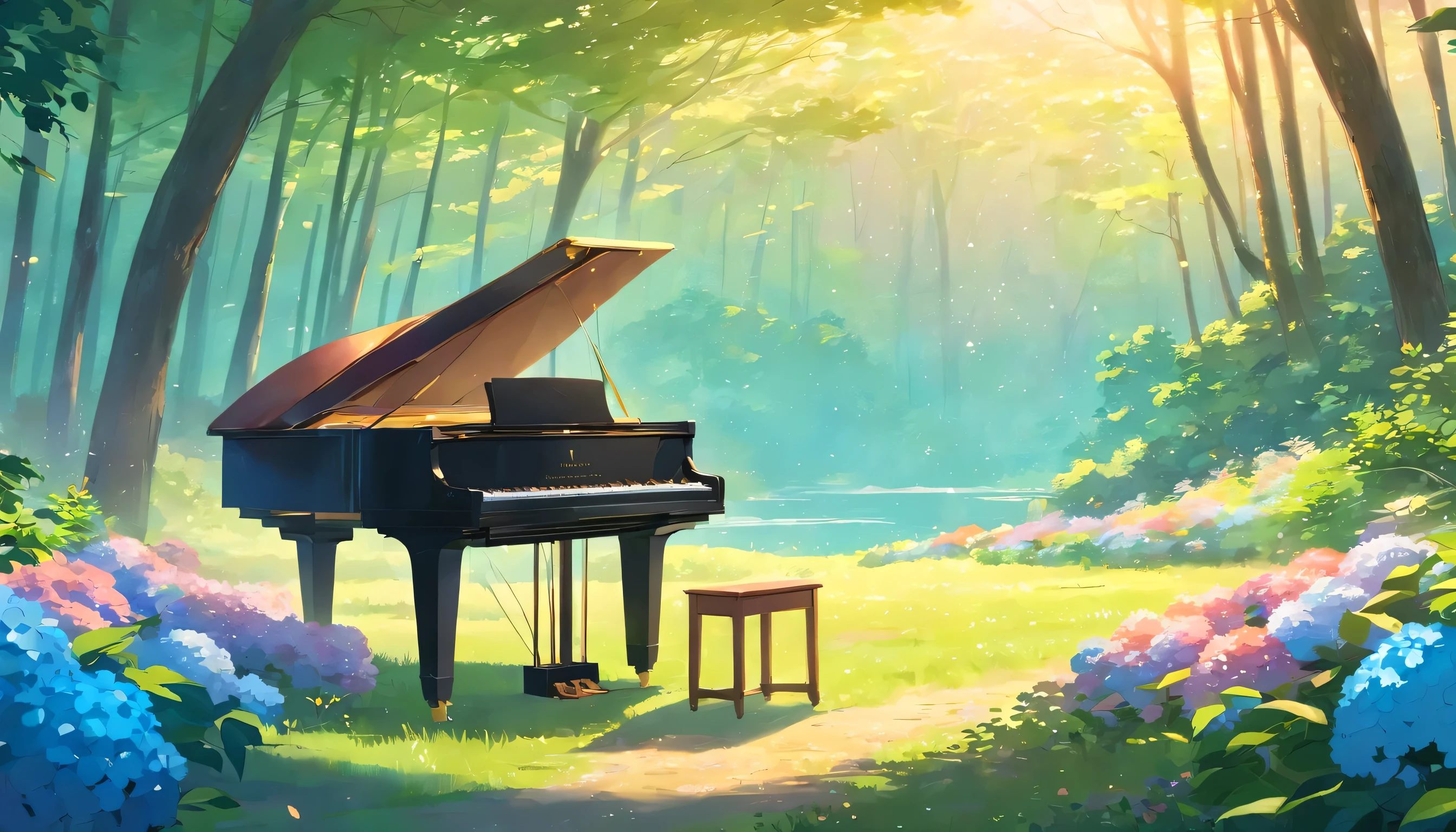 A piano in the middle of the woods near a river、In the forest after rain、Hydrangeas are in full bloom、There is a rainbow in the sky