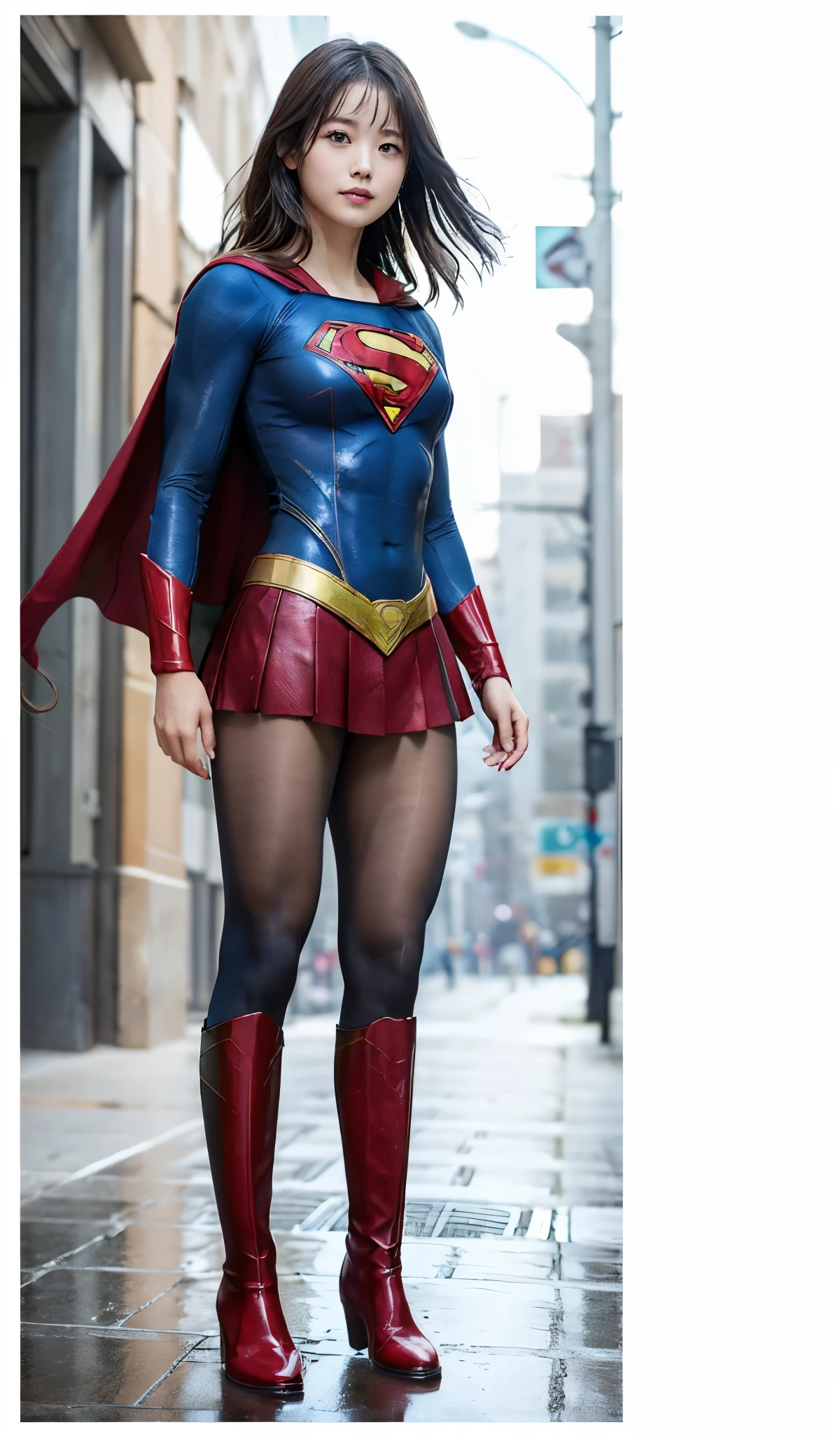 No background、(((Beautiful legs in black tights.)))、(((Legally express the beauty of your smile)))、((((Make the most of your original images)))、(((Supergirl Costume)))、(((Beautiful Hair)))、(((suffering)))、(((Please wear black tights....、Wear red boots)))、((Best image quality、8k))、((highest quality、8k、masterpiece:1.3))、(((Preserve background )))、Sharp focus:1.2、Beautiful woman with perfect figure:1.4、Slim Abs:1.2、Wet body:1.5、Highly detailed face and skin texture、8k