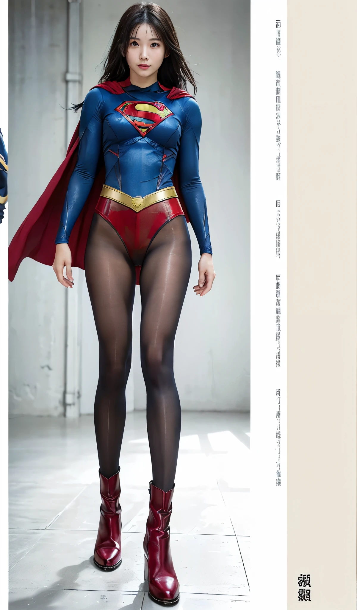 No background、(((Beautiful legs in black tights.)))、(((Legally express the beauty of your smile)))、((((Make the most of your original images)))、(((Supergirl Costume)))、(((Beautiful Hair)))、(((suffering)))、(((Please wear black tights....、Wear red boots)))、((Best image quality、8k))、((highest quality、8k、masterpiece:1.3))、(((Preserve background )))、Sharp focus:1.2、Beautiful woman with perfect figure:1.4、Slim Abs:1.2、Wet body:1.5、Highly detailed face and skin texture、8k