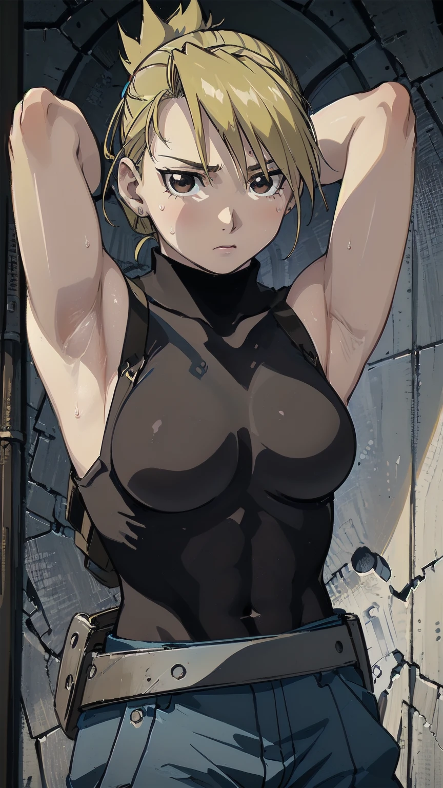 masterpiece, highest quality, High resolution, One Girl, Hamriz, ponytail, Brown eyes,big , Black Shirt, Tight shirt, holster, Short sleeve, belt, Covered navel, Blue pants,Outdoor、Natural light、bright、Upper body close-up、Muscular body、blush、Sweat、Composition from the front、anime、(((Close-up of a person、Arms behind head、Raise your arms、cute、Both armpits exposed、Sweat、Look forward)))
