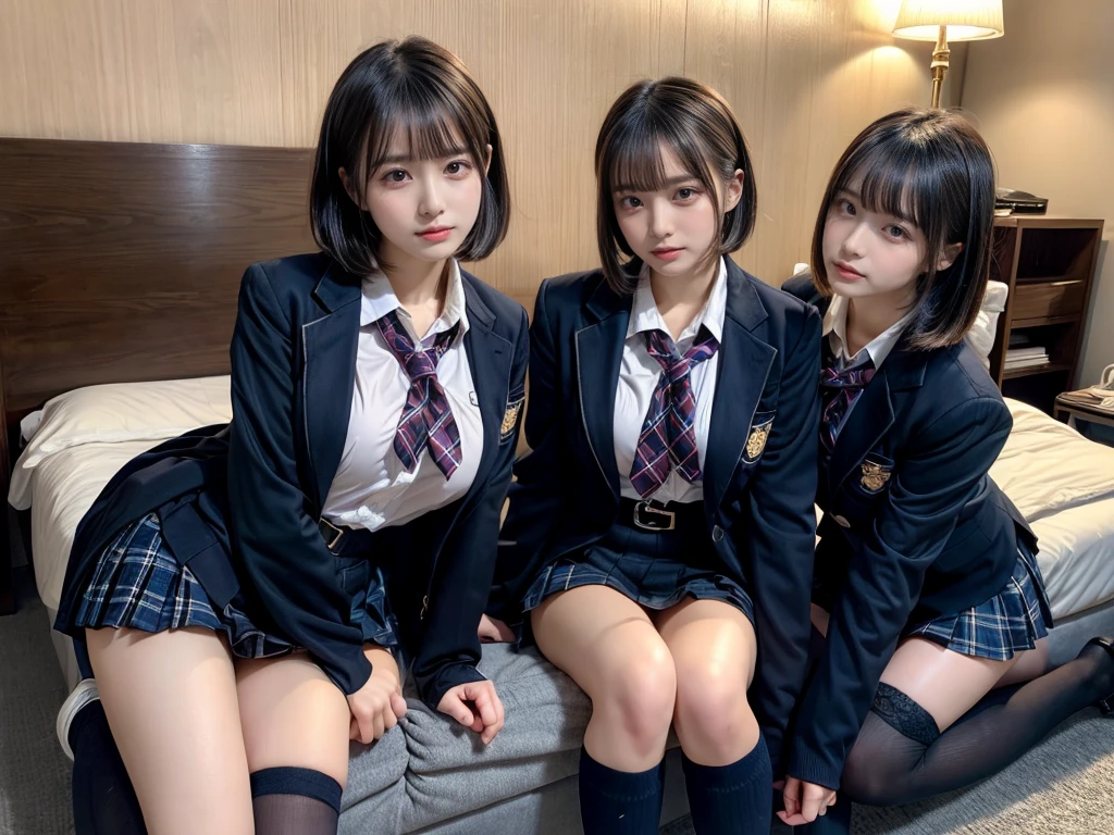 (8K, Raw photography, top-quality, masterpiece:1.2), master piece, best quality, illustration, Super detailed, fine details, High resolution, 8K,wall paper, perfect dynamic composition,(Details High quality, realistic depiction of eyes:1.3), ((2 girls, 2 girls)), The background is a luxury hotel room、High school girl uniform、blazer 、Super Short Check Uniform Skirt、Navy blue high socks、garterbelts、Colossal tits、Disturbed uniform, Play with each other,Touching each other's bodies,Touching the body of the girl next door, short bob hair, black hair color, huge breasts, Big Natural Color Lip, bold sexy pose, (perfect body shape), crying a little、cold gaze, Beautiful makeup,glitter makeup,Cutest 18 years old, beautiful legs, hposing Gravure Idol, Voluptuous thighs