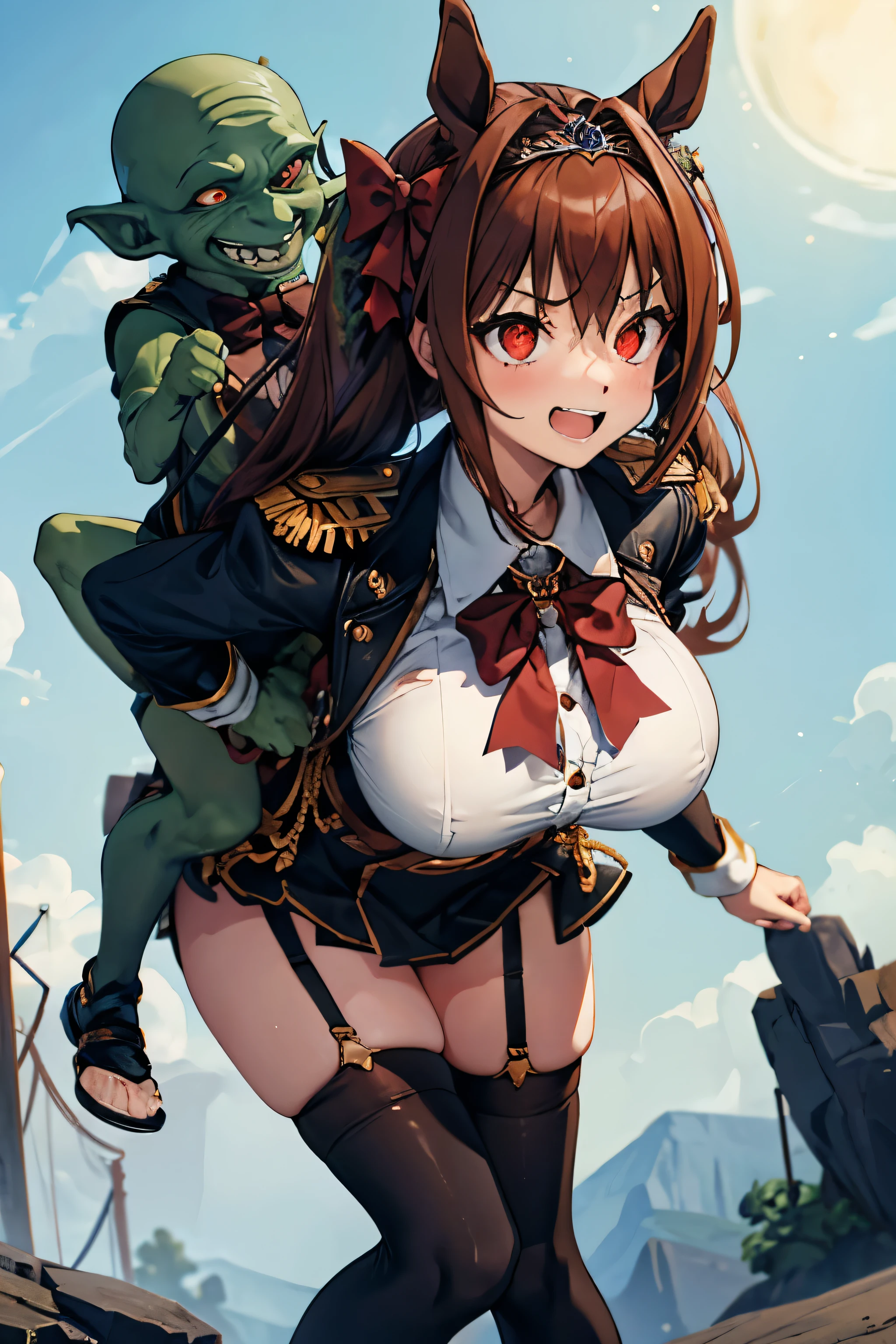 masterpiece, (((goblinriding, a goblin is riding a girl))), goblin, mutiple goblins, goblins, (((all fours))), 1girl, (epaulettes:1.1), (nose hook), reins, collar, chain, rope, obey, proud face happy trance, smile, hair ornaments, expressionless, emotionless, blank eyes, empty eyes, mind control, apocalyptic background, monster, glowing eyes, horror, goblin gangbang, huge breast, Large Breast, brown hair, hair intake, red eyes, long hair, twintails, animal ears, horse girl, daiwa scarlet (umamusume), tiara, epaulettes, fang, garter straps, long sleeves, bowtie, bangs, blue jacket, white thighhighs, white shirt, white skirt, hair bow, scarlet_nuit_etoile