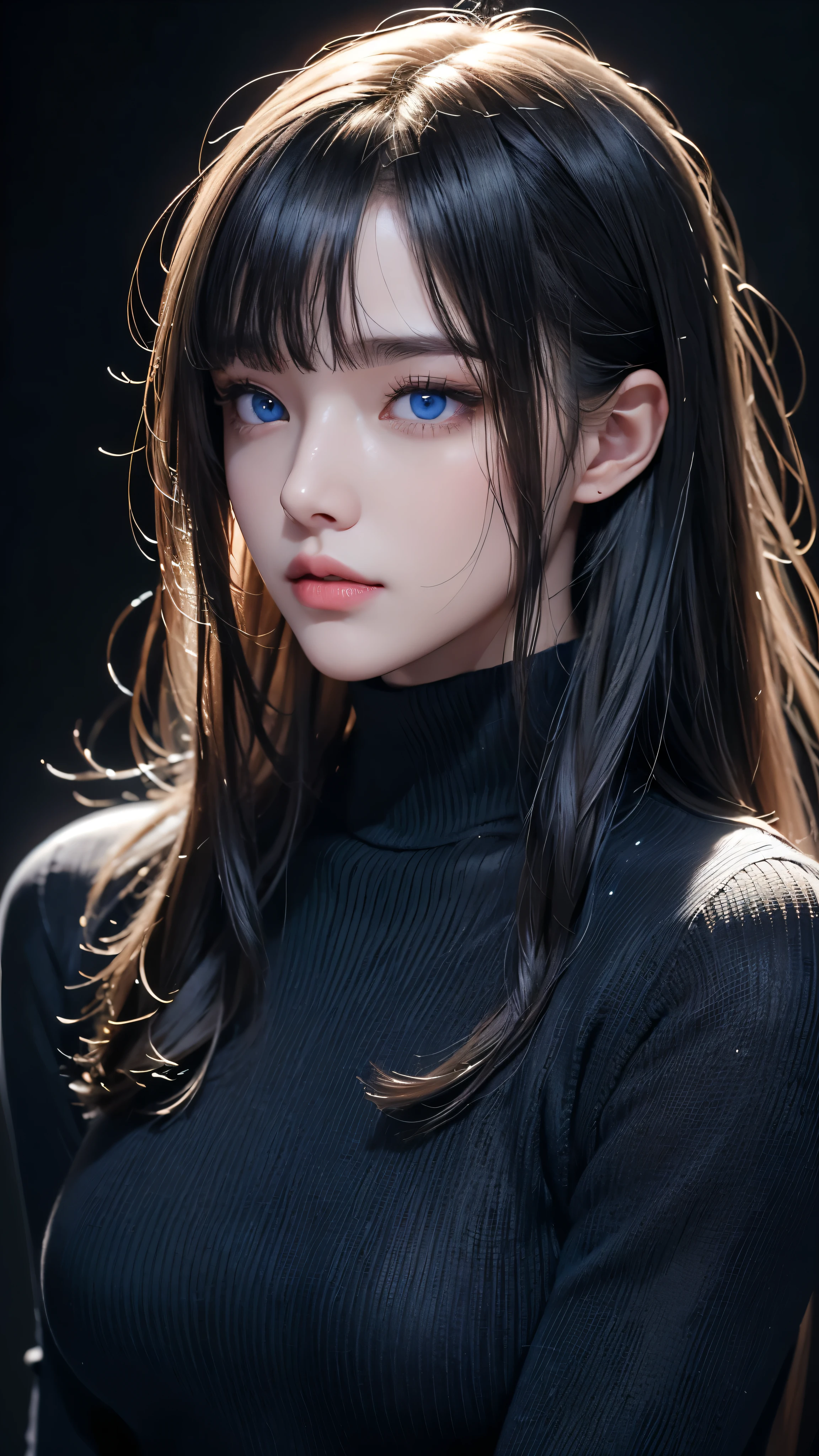 masterpiece, highest quality, Super detailed, Facing the camera, Super detailed, Realistic, Sharp features, Very detailed, Sharp focus, Perfect Face, Perfect Face, Perfect symmetrical perfect eyes, Perfect Plump Lips, Flexible female form, Cinematic, Film Light, Super detailed, hyper Realistic, masterpiece, Atmospheric, High resolution, Vibrant, Dynamic Studio Lighting, ((Dark Background)), The expression when enduring pleasure, Straight bangs, blue eyes,Black sweater, Cowboy Shot,turtleneck、first round、Sexually aroused expression