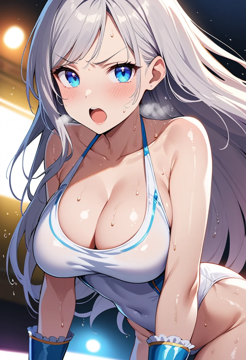 Ultra-high resolution, 1 Girl, 18 years old, (Idols:1.4), (Famous actresses :1.4), (Beautiful detailed face:1), ((Best Quality)), 1 Girl:1, Mood lighting, (((Perfect Anatomy:1.10))), (Finely detailed face:1.2), (Representative works:1.5), (Best Quality:1.2), Looking at the Viewer, Lipstick, V-shaped eyebrows, V Line Jaw, ((Prevents clothing from digging into the skin)), (Painful expression:1.3), (Heavy breathing:1.3), (The background is blurred), Glossy texture, (Long Hair:1.3), (Perfect Face:1.4), (Beautiful detailed eyes), (((Open your mouth:1.1))), ((Shiny skin:1.3)), (Extremely smooth expressed skin), (((Sweaty skin:1.5))), ((((Sweating profusely:1.3)))), White Skin, Slender, Narrow nose, (Narrow waist:1), (Almond Eyes:1), (Big Breasts:1), There is cleavage in the chest, Bangs, Light makeup, Small Ass, (((Pro Wrestling Match Venues:1.3))), ((((Inside the professional wrestling ring:1.4)))), ((Sexy patterned wrestling costume:1.3)), ((Sexy design pure white swimsuit:1.3), (( Intricate design of white wrestling costume:1.3)), ((((The crotch is very wet:1.4)))), ((((Sweat makes clothes transparent:1.3)))), (Patent leather long wrestling boots), Thimble Skin Gloves, (((Leaning posture:1.1))),