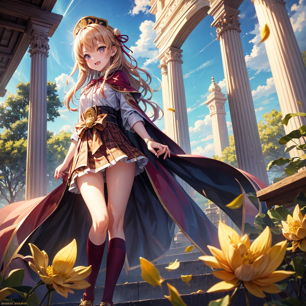 Pink gold golden hair、Golden Eyes、One good looking girl、solo、anime、Checkered mini skirt、Ruffles on the skirt、Red T-shirt、Cape、Gothic、Black knee-high socks、Wearing a ribbon、Ribbon on waist、Tilting face、Teeth are visible、Sunset sky、Piercing the clouds、Contrail、lens、tree、Touching your face、lotus leaves、Cumulonimbus、Pillar of Light、Magic wand