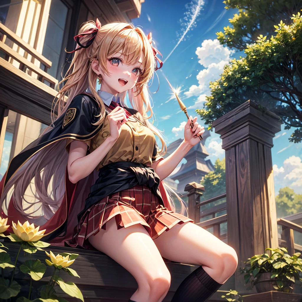 Pink gold golden hair、Golden Eyes、One good looking girl、solo、anime、Checkered mini skirt、Ruffles on the skirt、Red T-shirt、Cape、Gothic、Black knee-high socks、Wearing a ribbon、Ribbon on waist、Tilting face、Teeth are visible、Sunset sky、Piercing the clouds、Contrail、lens、tree、Touching your face、lotus leaves、Cumulonimbus、Pillar of Light、Magic wand