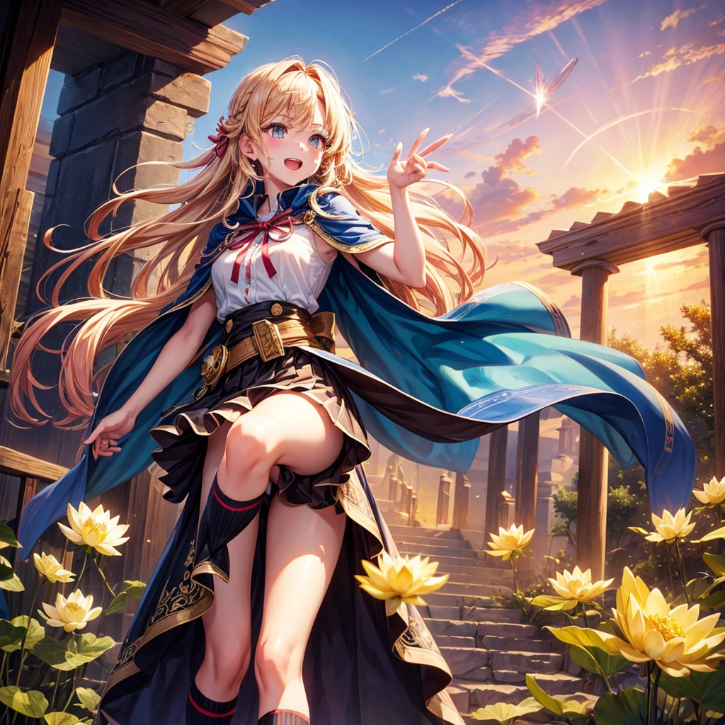 Pink gold golden hair、Golden Eyes、One good looking girl、solo、anime、Checkered mini skirt、Ruffles on the skirt、Red T-shirt、Cape、Gothic、Black knee-high socks、Wearing a ribbon、Ribbon on waist、Tilting face、Teeth are visible、Sunset sky、Piercing the clouds、Contrail、lens、tree、Touching your face、lotus leaves、Cumulonimbus、Pillar of Light、Magic wand