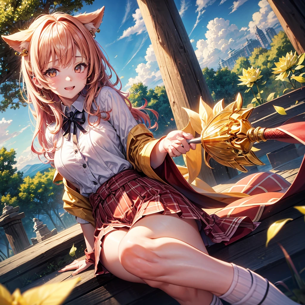 Pink gold golden hair、Golden Eyes、One good looking girl、solo、anime、Checkered mini skirt、Ruffles on the skirt、Red T-shirt、Cape、Gothic、Black knee-high socks、Wearing a ribbon、Ribbon on waist、Tilting face、Teeth are visible、Sunset sky、Piercing the clouds、Contrail、lens、tree、Touching your face、lotus leaves、Cumulonimbus、Pillar of Light、Magic wand