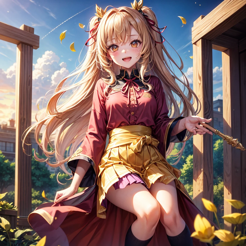 Pink gold golden hair、Golden Eyes、One good looking girl、solo、anime、Checkered mini skirt、Ruffles on the skirt、Red T-shirt、Cape、Gothic、Black knee-high socks、Wearing a ribbon、Ribbon on waist、Tilting face、Teeth are visible、Sunset sky、Piercing the clouds、Contrail、lens、tree、Touching your face、lotus leaves、Cumulonimbus、Pillar of Light、Magic wand