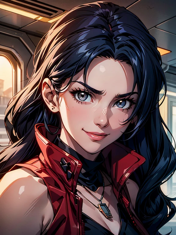 A stunning and intricate full color, Ultra-HD portrait of a 29 year old girl, long wavy indigo blue hair, brown eyes, detailed face, wearing a loose fitting red jacket, short black sleeveless dress with high collar, necklace crossover, epic character composition, alessio albi, nina masic, sharp focus, natural lighting, subsurface dispersion, f2, 35mm
, low-cut, plunging neckline, smirk, seductive smile, inviting expression