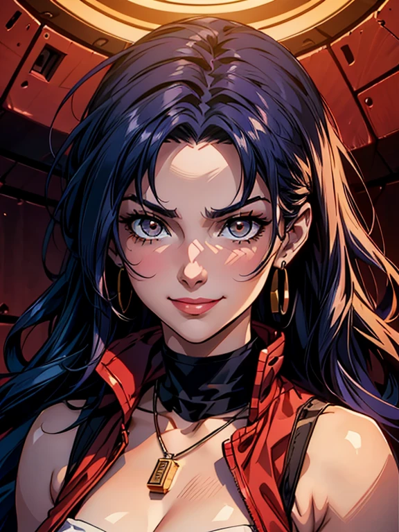 A stunning and intricate full color, Ultra-HD portrait of a 29 year old girl, long wavy indigo blue hair, brown eyes, detailed face, wearing a loose fitting red jacket, short black sleeveless dress with high collar, necklace crossover, epic character composition, alessio albi, nina masic, sharp focus, natural lighting, subsurface dispersion, f2, 35mm
, low-cut, plunging neckline, smirk, seductive smile, inviting expression