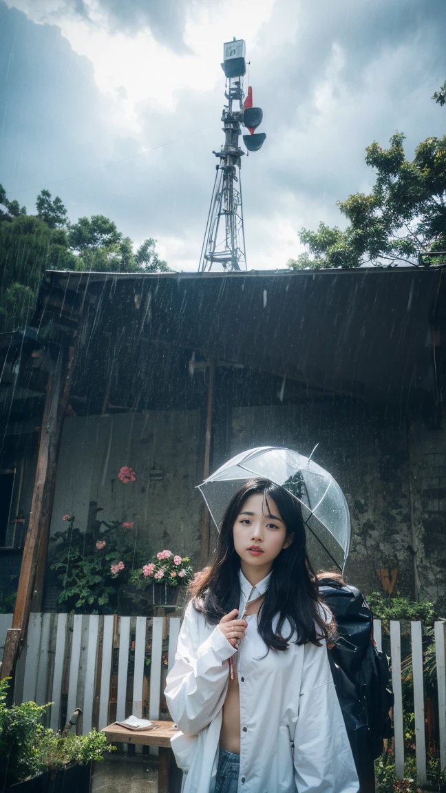 ((crane))、bird、Rainy Sky、1girl,from top,umbrella