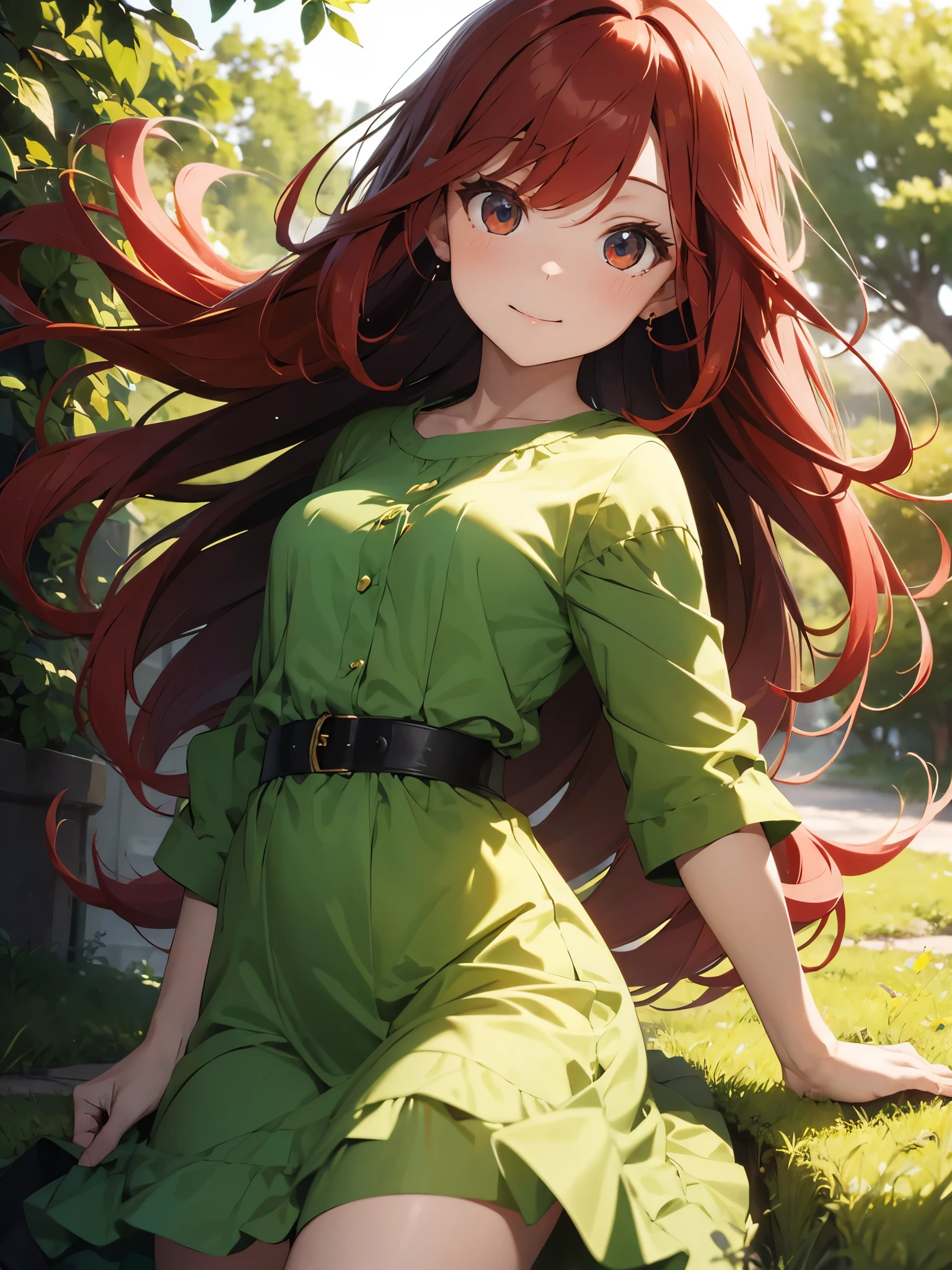 HD, (Best Detail) (Best Quality), redhead woman posing for photo with long red hair and green dress, mature and gorgeous, natural light and shadow