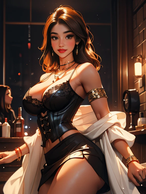 (accurate body depiction), (big breasts: 1.6), short and very transparent mesh corset with random collars, short and very transparent mesh skirt with random collars, exposed thighs, beautiful woman with high hips, big eyes, brown eyes, bright makeup, red lipstick, dark fantasy, long dark hair, beauty marks, bright eyes, queen, dark background, bokeh, collarbone, navel, ((extra large glamor)), (masterpiece, highest quality), illustration, 8k highly detailed and realistic, sharp focus, highly detailed ham, professional Lighting, nice details, intricate details, attractive girl, various bold AV model poses, smiling smile, anticipation, realistic high-definition, soft lighting, open legs, solo, lifted hips, glowing skin, (detailed face), jewelry, large Beautiful necklaces, beautiful bracelets, sharp focus photos (absolutely no bad fingers or bodies).