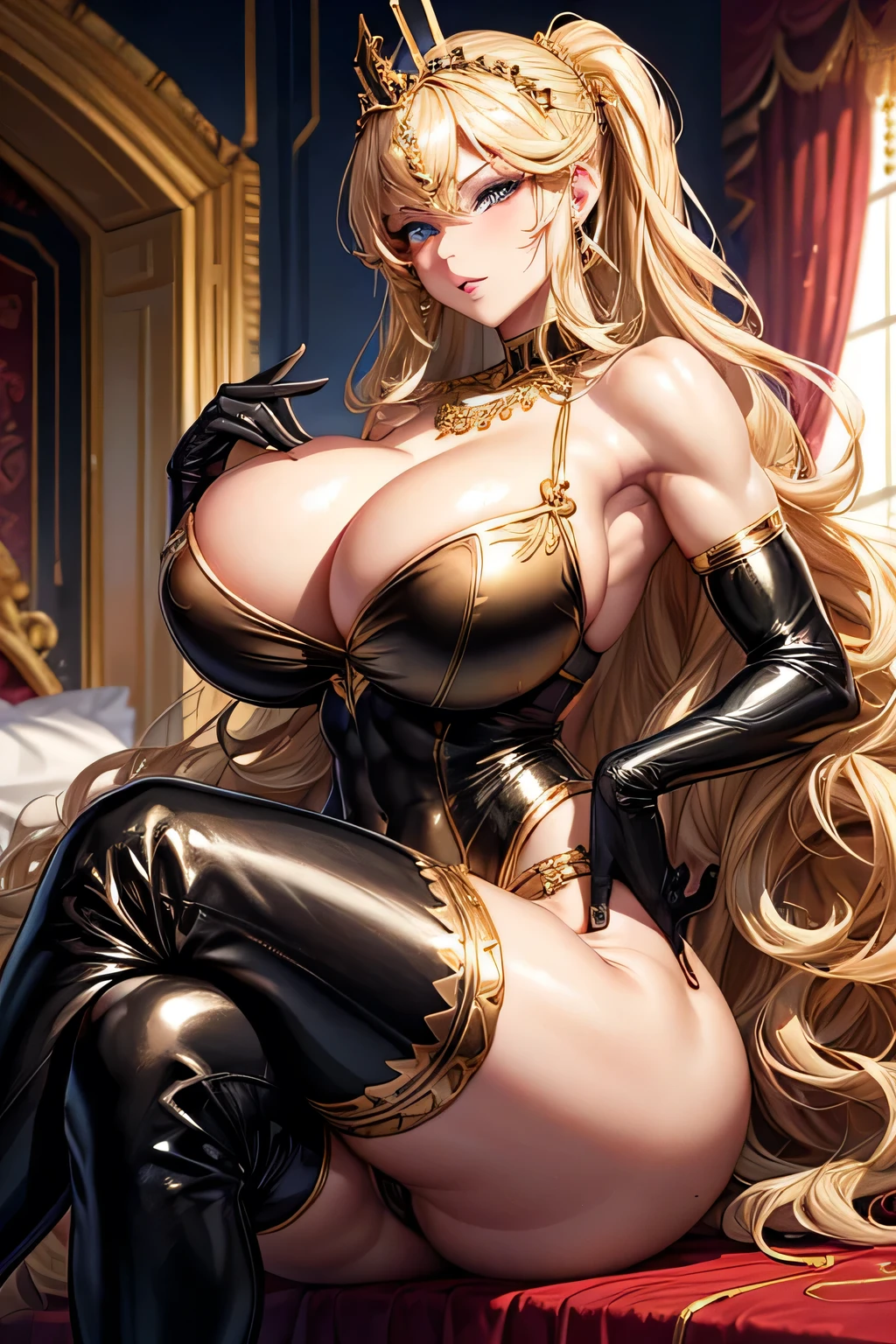 Queen,  makeup ,girl muscular  ,Abs:weight :1.5) ,  in heat , makeup ,gold tiara ,gold necklace , earrings huge ass, ,blonde long wavy hair,sexy,leotard, A girl,(big breasts:1.7) , black gloves, black stockings,boots, girl penis , sitting, crossed legs on bed ,Victorian bedroom, 