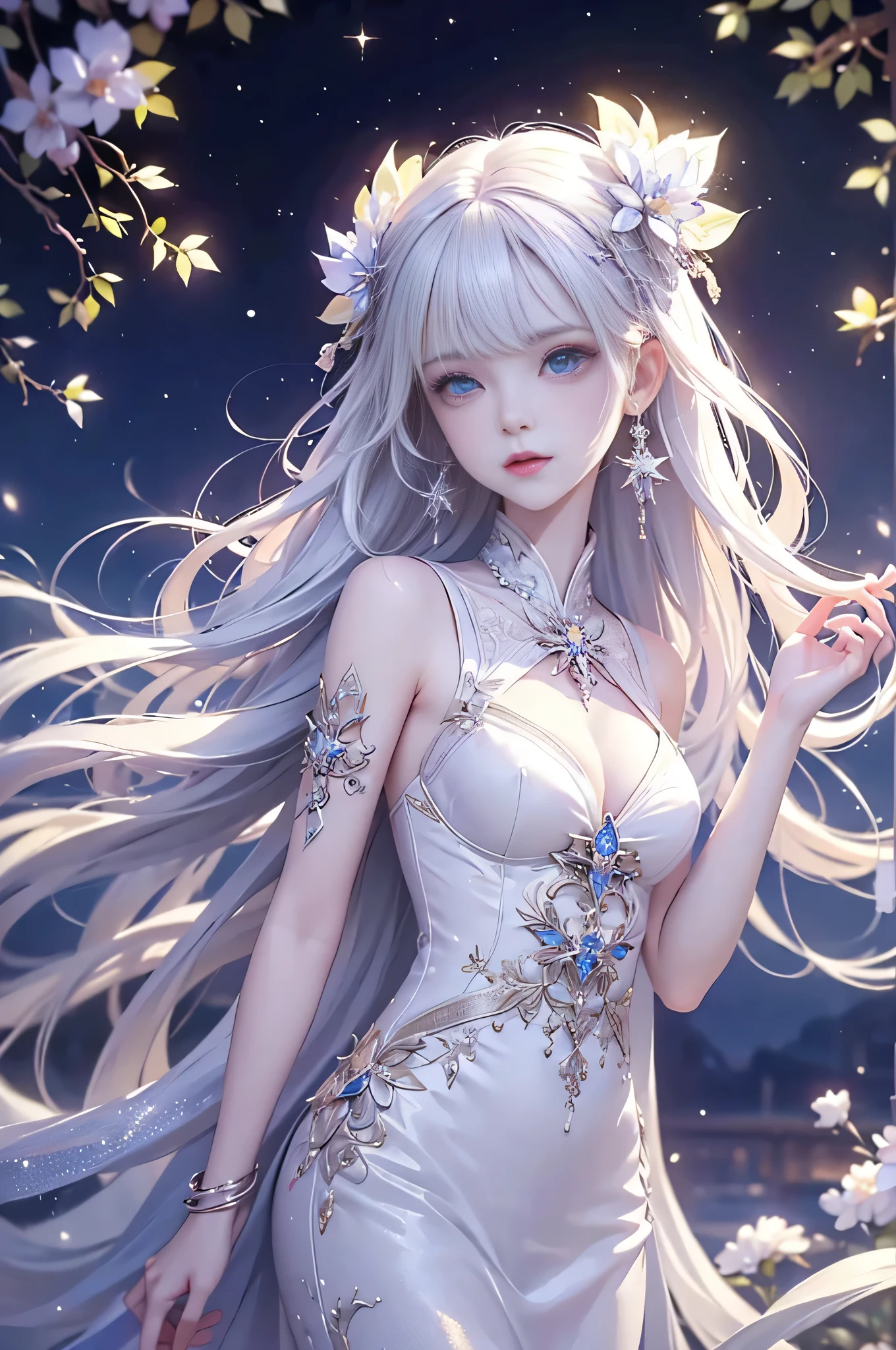 Night view,star,（White Haired Girl:1.5）,（（masterpiece））、（detailed）、（Backlight）(A fantastic atmosphere、Ancient capital、Amazing beauty images,((1girl))、white dust、It looks like they&#39;re dancing、Suspended particles), (Black Dress:1.4、Long dress with sleeves、Exposing shoulders、Off the shoulder)、（Gray hair that changes with light、length, Lustrous white hair、WHITE hair fluttering in the wind）、（Beautiful white and shining skin、Cheek gloss highlighter、Sexy and very beautiful and adorable face、The most beautiful face in the world、big, Sparkling blue eyes）、（Cute 25 year old girl、small beautiful breasts、Great cleavage、Delicate shoulders、Perfect figure）(Close-up image:1.2)
