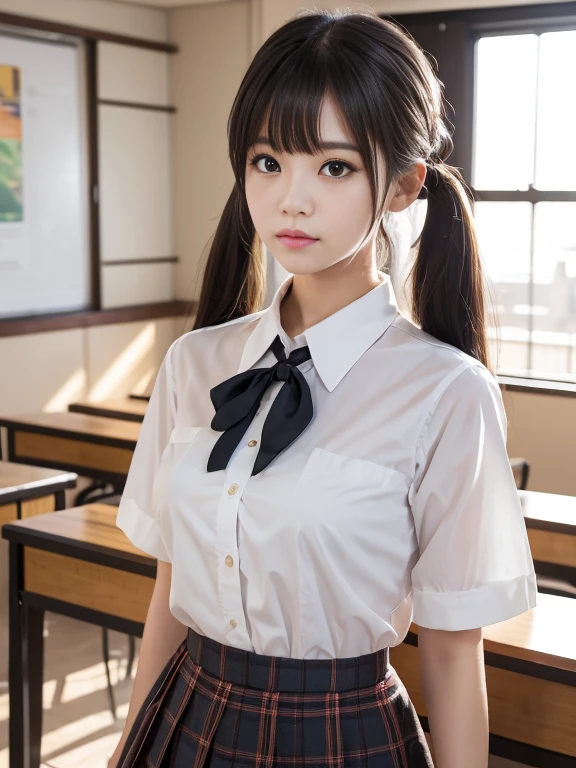 masterpiece,expensiveest quality,Official Art,High quality CG Unity 8K wallpaper High school girl,Very delicate and beautiful,超High resolution,(Realistic:1.4),Golden Hour Lighting,(Esbian all over),In the classroom,(Platinum Short Hair:0.8),(Cute eyes),Looking at the audience,Look forward,Twin tail hair, 笑face,JK's Skirt(Plaid), bust,expensive ,tie, masterpiece, highest quality, Raw photo, Realistic, face, An incredibly absurd solution, Written boundary depth, High resolution, Very detailed, The finer details, Very detailed, Very detailedな目とface, Sharp pupils, Realisticな生徒, Sharpen your focus, Cinema Lighting, Idol Style、very cute:1.2、Black-haired、bangs、