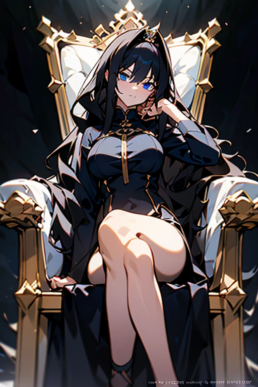 name: "Dark Sovereign"
material: digital graphics Size: 50x70 cm Idea: This anime art depicts the dark ruler, sitting on a throne in her domain. Her black hair falls in wavy curls down her back., and blue eyes shine with power and confidence. She sits on the throne in a cool pose, one leg crossed over the other, and your hands are confidently placed on the armrests. In her gaze you can see a mixture of composure and authority, and the background, probably, represents dark and gloomy landscapes, reflecting her power and strength.