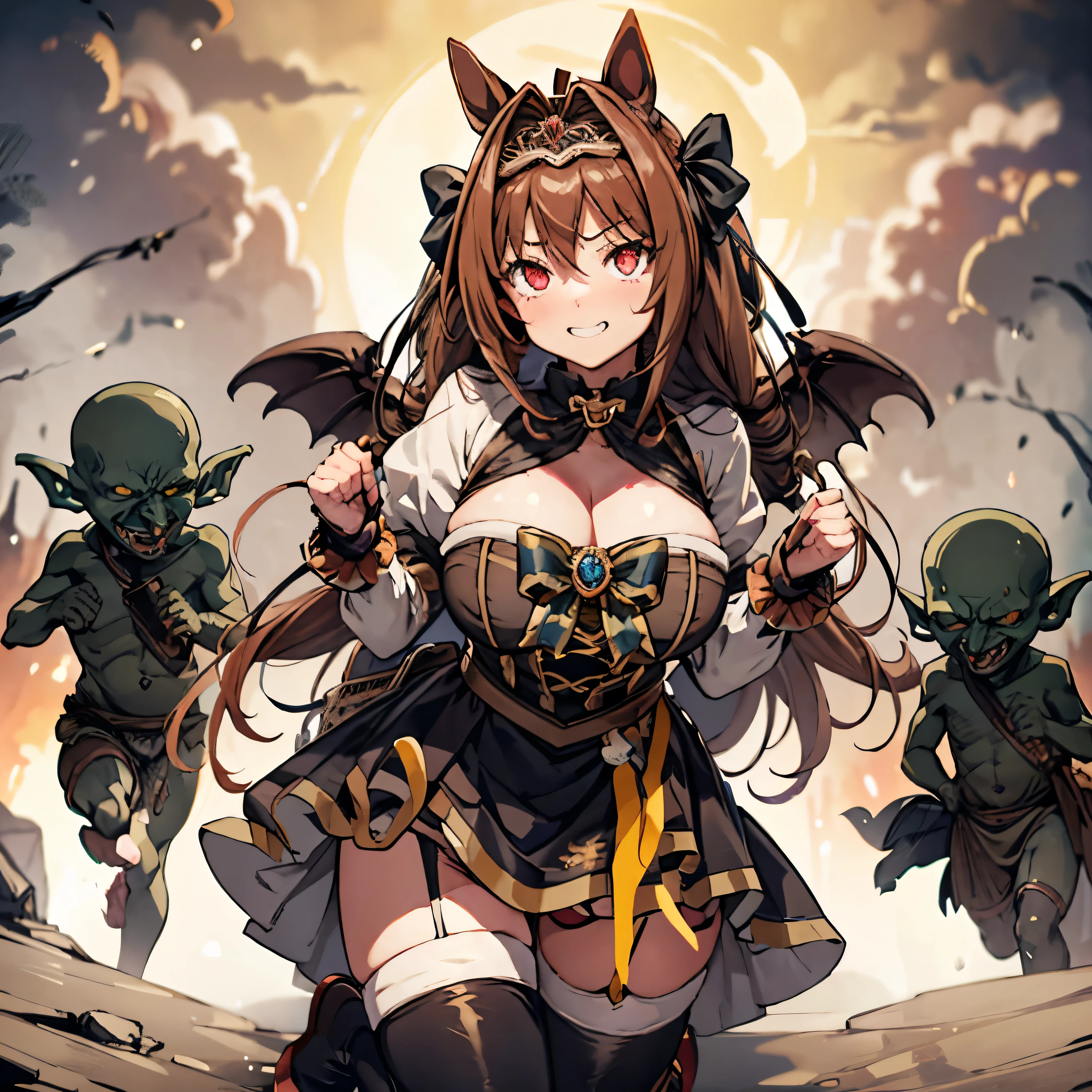 masterpiece, (((goblinriding, a goblin is riding a girl))), goblin, mutiple goblins, goblins, (((all fours))), 1girl, (epaulettes:1.1), (nose hook), reins, collar, chain, rope, obey, proud face happy trance, smile, hair ornaments, expressionless, emotionless, blank eyes, empty eyes, mind control, apocalyptic background, monster, glowing eyes, horror, goblin gangbang, huge breast, Large Breast, brown hair, hair intake, red eyes, long hair, twintails, animal ears, horse girl, daiwa scarlet (umamusume), tiara, epaulettes, fang, garter straps, long sleeves, bowtie, bangs, blue jacket, white thighhighs, white shirt, white skirt, hair bow, scarlet_nuit_etoile