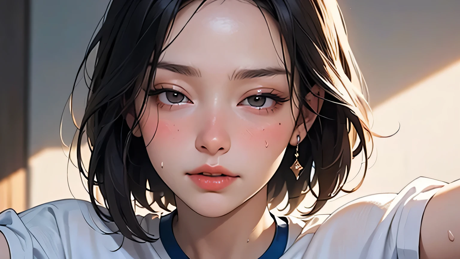 Beautiful Japanese actresses,Very detailed CG Unity 8k wallpaper, highest quality, Very detailed, masterpiece, Realistic, photo Realistic,,Sharp Nose, Detailed and seamless depiction of the nose,Age 25, logic, 腹logic, Round eyes, Audience, blush, Lips parted, Half Body Shot , Sportswear , Gym, Underarm, short hair,Showing Underarm to your audience,Half-closed eyes, Frowning, Open your mouth,((Sweat))