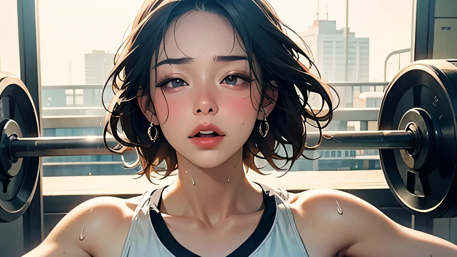 Beautiful Japanese actresses,Very detailed CG Unity 8k wallpaper, highest quality, Very detailed, masterpiece, Realistic, photo Realistic,,Sharp Nose, Detailed and seamless depiction of the nose,Age 25, logic, 腹logic, Round eyes, Audience, blush, Lips parted, Half Body Shot , Sportswear , Gym, Underarm, short hair,Showing Underarm to your audience,Half-closed eyes, Frowning, Open your mouth,((Sweat))
