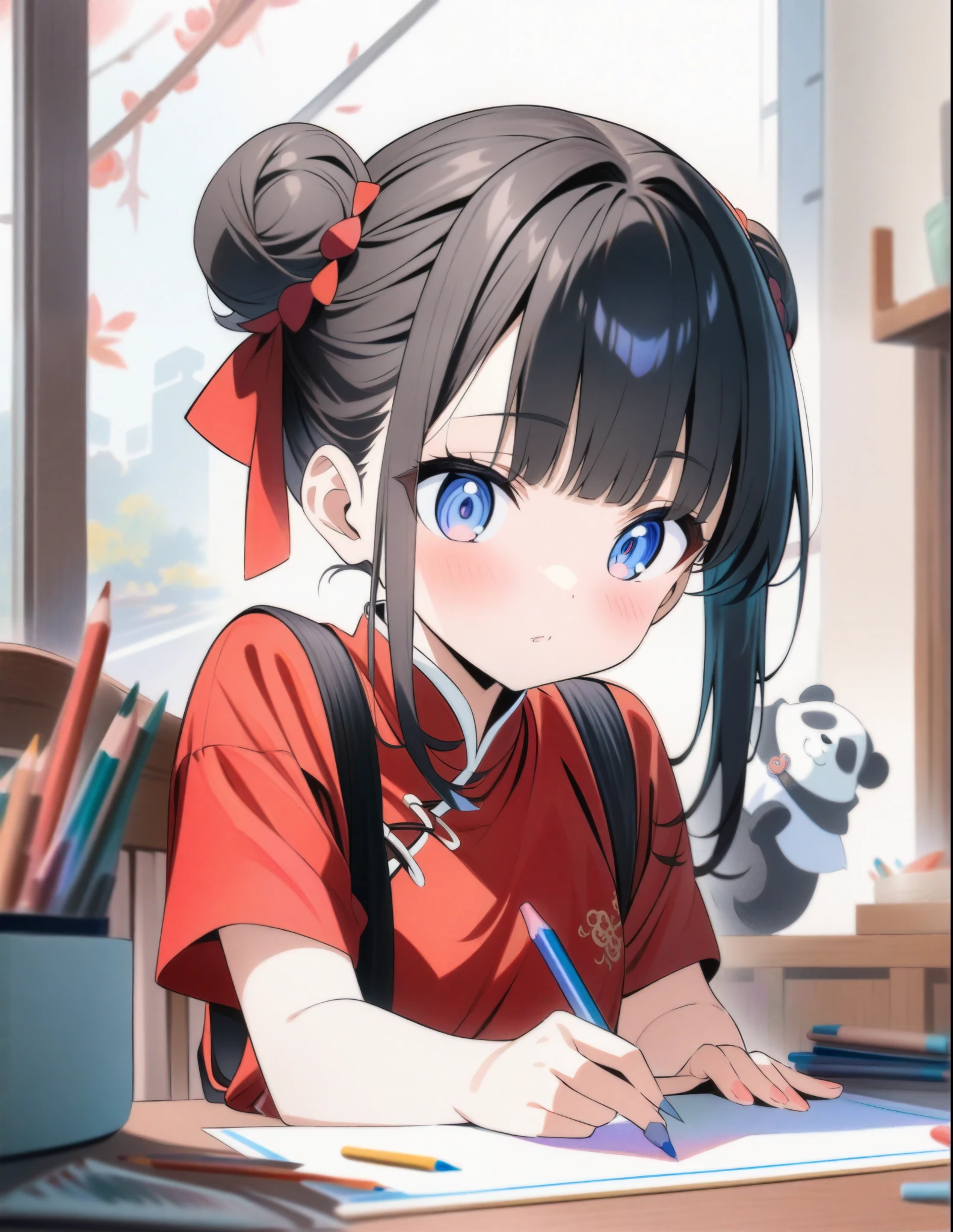 ((style:colored pencil,Pale colors)),(anime)、(masterpiece:1.2),China、Panda、Pandaを抱っこする女の子、Bun Hair、Black Hair、Bangs、Red Chinese clothing、cute
