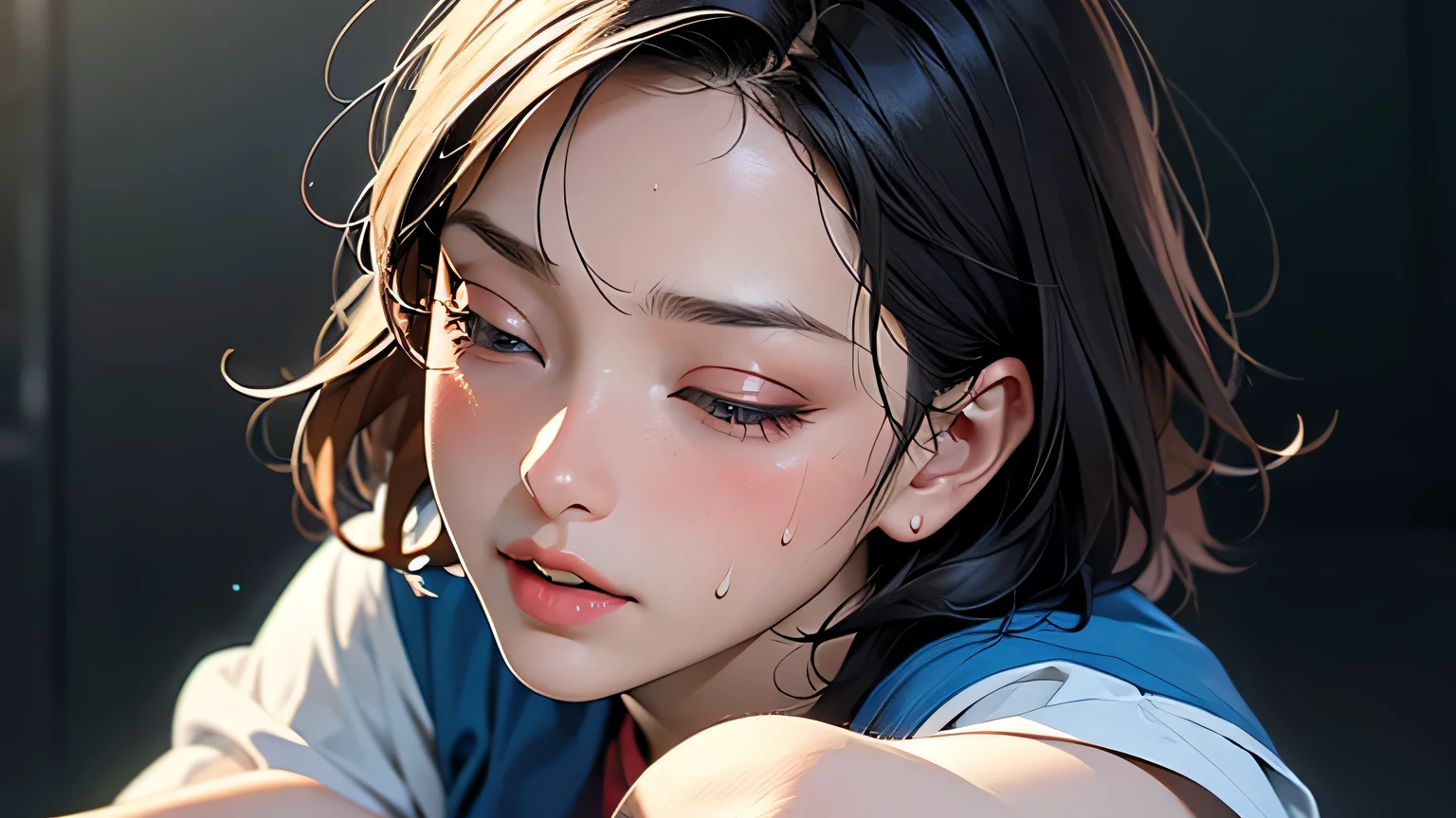 Beautiful Japanese actresses,Very detailed CG Unity 8k wallpaper, highest quality, Very detailed, masterpiece, Realistic, photo Realistic,,Sharp Nose, Detailed and seamless depiction of the nose,Age 25, logic, 腹logic, Round eyes, Audience, blush, Lips parted, Half Body Shot , Sportswear , Gym, Underarm, short hair,Showing Underarm to your audience,Half-closed eyes, Frowning, Open your mouth,((Sweat))