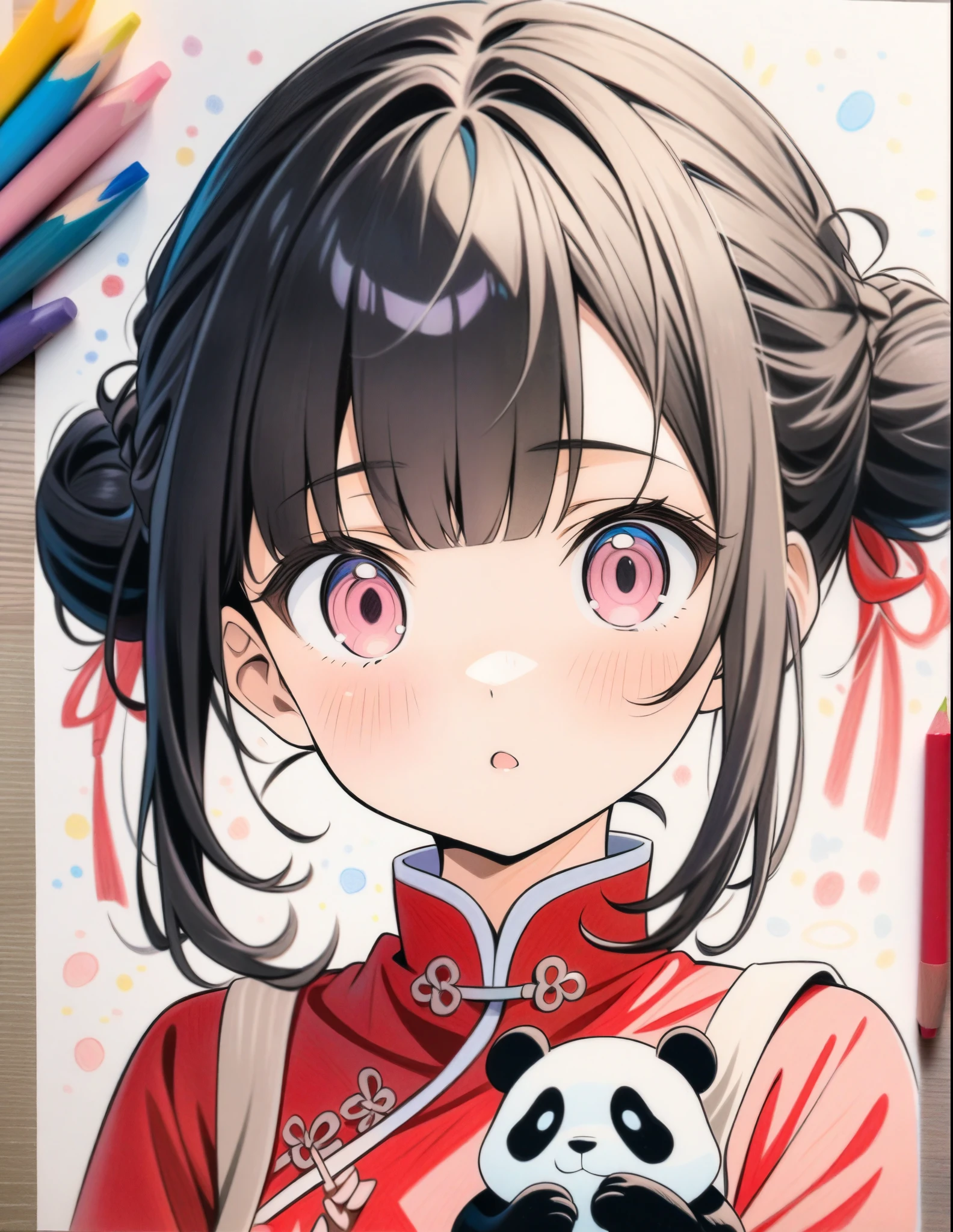 ((style:colored pencil,Pale colors)),(anime)、(masterpiece:1.2),China、Panda、Girl holding a panda、Bun Hair、Black Hair、Bangs、Red Chinese clothing、cute